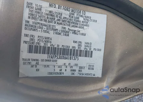 2006 Ford Taurus Se from USA, damaged, VIN 1FAFP53UX6A181375